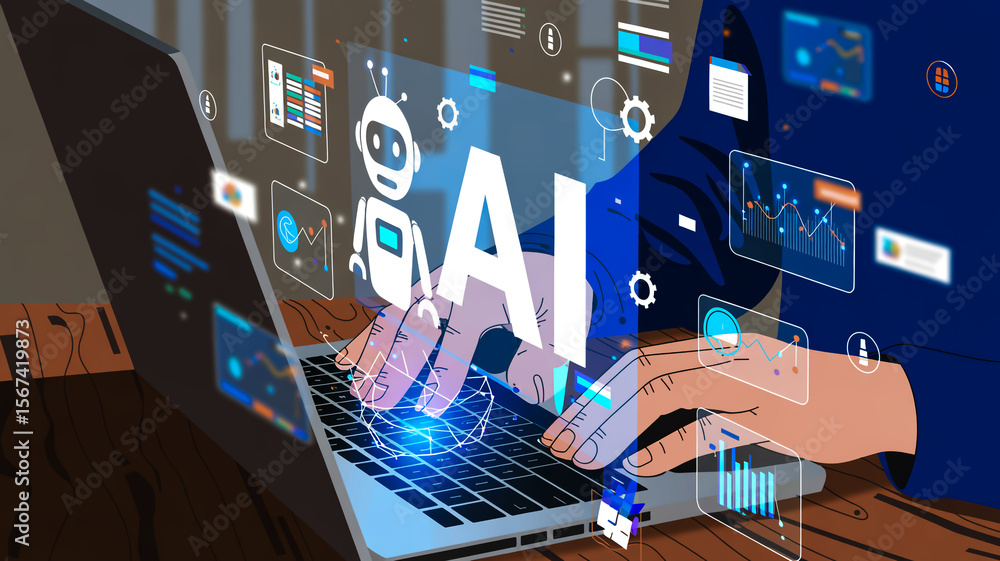 Poster a futuristic digital illustration showcasing ai, machine learning, neural networks, data processing,