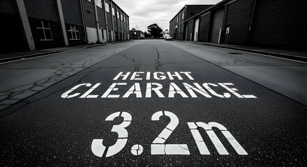 Grayscale Industrial Alleyway Featuring Height Clearance Restriction Markings