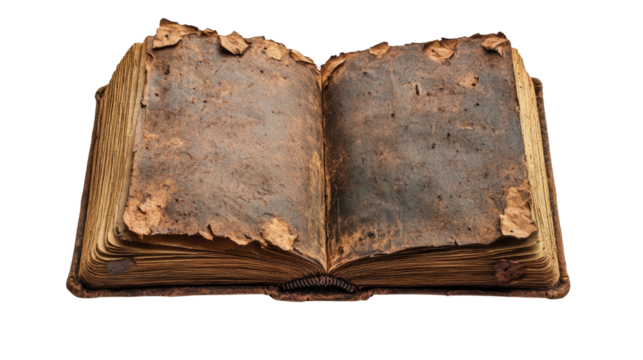 An open book with heavily weathered and tattered pages, showing signs of age and wear Isolated On White and Cutout