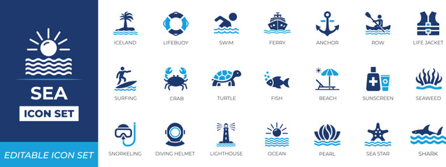 Sea icon set. Solid icon design collection.