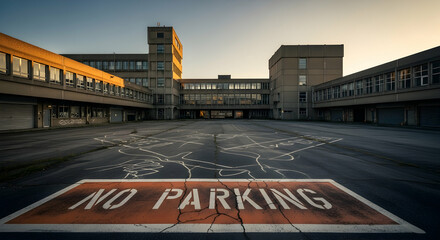Overcast Sky Over Empty Parking Lot Of Abandoned Industrial Complex