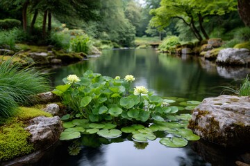 Fototapeta premium Yellow water lilies growing in a peaceful pond surrounded by rocks and lush greenery