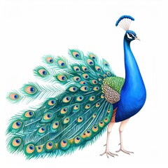 Majestic peacock displays vibrant plumage against a clean white backdrop showing brilliant blue and green feather detail.