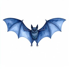 Artistic rendition of a bat with its wings spread wide, featuring a blue watercolor effect on a clean white background.
