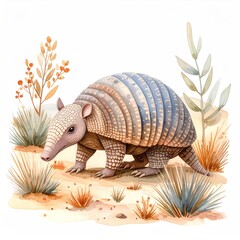 Charming armadillo watercolor portrait, showcasing the delightful creature in a natural, arid environment with plants