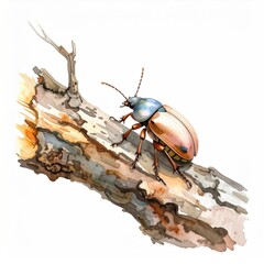Watercolor art depicts a beetle crawling along a branch, showcasing nature's delicate beauty and intricate insect details.