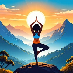 Serene yoga practice with a silhouette against a sunrise in the mountains promoting peaceful fitness and healthy living.