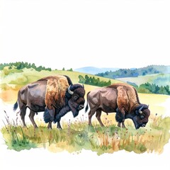 Watercolor painting depicts two bison grazing peacefully in a scenic field, artwork with natural style