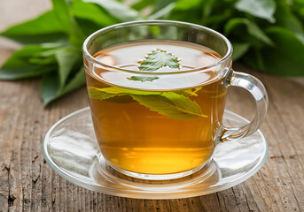 Warm herbal infusion in a clear glass, showing vibrant green leaves for natural health