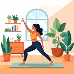 Woman practices yoga asana at home, stretching and finding balance in a serene, light-filled room with plants.