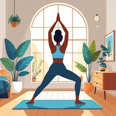 Woman practicing yoga asana at home in a bright modern room, promoting wellness and peacefulness through mindful movement.