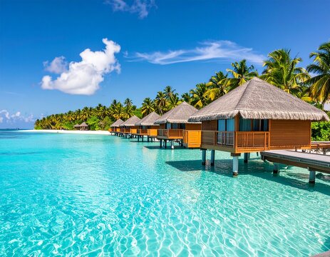 summer vacation concept, clear blue water ocean, tropical island, fancy luxury