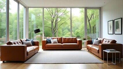 Bright and airy living room with floor-to-ceiling corner windows overlooking lush green trees. The room features matching modular brown leather lounge chairs and sofas.