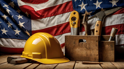 Celebrating Labor Day with symbolic elements such as construction tools, hard hats, work gloves, and the American flag. The composition should highlight themes of hard work, unity, and appreciation