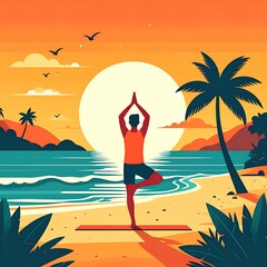 Serene yoga retreat on sandy beach with ocean and palm trees, a peaceful scene of wellness and relaxation.