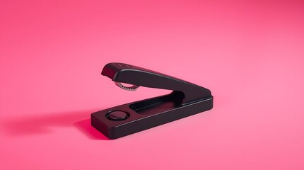Minimalist black stapler presented against bold pink background design