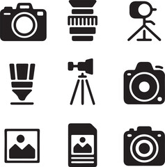 Photography Equipment Icons Cameras, Lenses, Tripods, and More