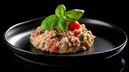 Close-up of rice on a black plate against a dark background, showing an appetizing dish in low contrast &ndash; perfect for advertising banners, part of the food parade concept.