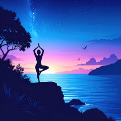 Silhouette of a woman practicing yoga on a cliff overlooking the ocean at dusk under a starlit colorful sky.