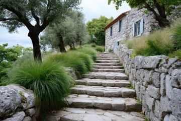 Obraz premium Stone stairs leading to a traditional stone house in the countryside