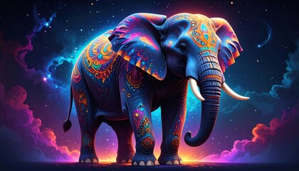 Majestic elephant adorned with ornate designs stands against a vibrant cosmic background, radiating powerful spiritual energy