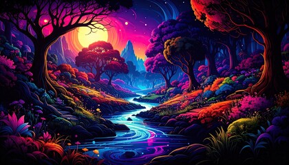 Vivid dreamscape featuring colorful fantasy forest, a glowing river, and magical moonlight creating an enchanting and surreal landscape.