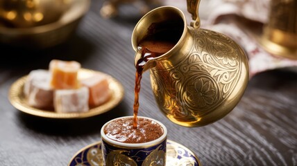 Pouring traditional Turkish coffee from an ornate brass cezve into a decorative cup, with Turkish delight served on the side.
