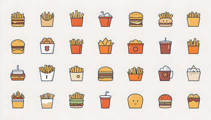 Various elements that make up a typical fast food meal, collection encompasses both food and drink items. 