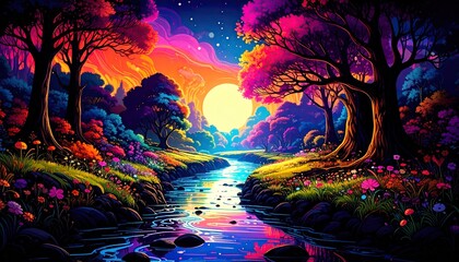 Colorful fantasy landscape showcasing a river with vibrant trees and a radiant sun setting in the distance creating a magical vista.