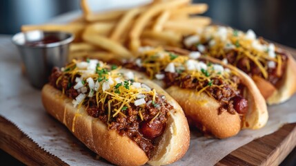 Three chili cheese dogs, fries, and sauce on wood board