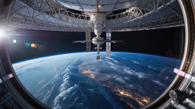 Spectacular view of Planet Earth from a futuristic space station window, showing the transition from day to night with a brilliant sun flare.