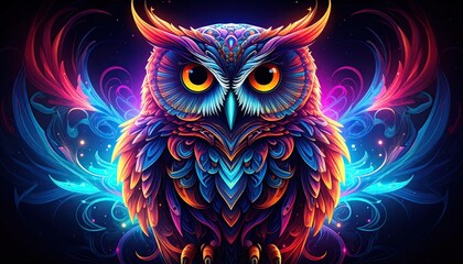 A vivid owl portrait with glowing plumage in stunning neon colors against a dark backdrop showcasing digital artwork