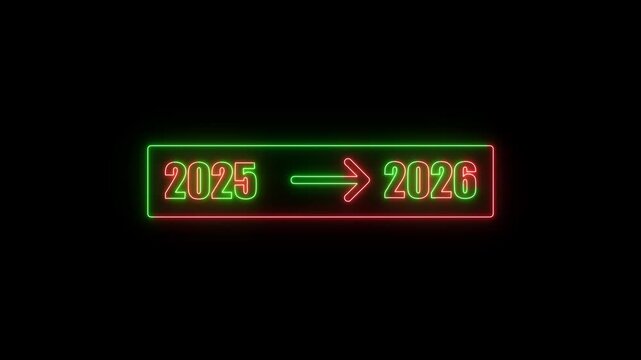 New Year neon 2025 to 2026 with pointing arrow animation on black background. looping animation direction concept animated in transparent background.