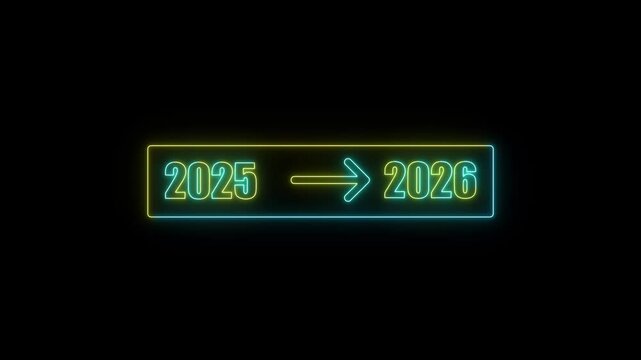New Year neon 2025 to 2026 with pointing arrow animation on black background. looping animation direction concept animated in transparent background.