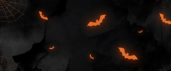 Halloween background with dark cave, bats, spiderwebs, and spooky ambiance. Suitable for Halloween party invitations, social media posts, or website banners.