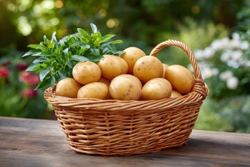Wicker basket full of potatoes with plant on a wooden table in a garden