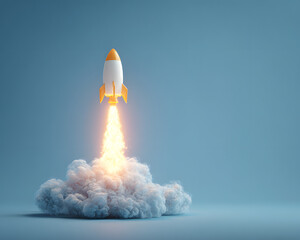 Liftoff Glowing Light Bulb with Vapor Rocket Trail on Gradient Background Symbolizing Creative Innovation and Breakthrough Ideas for Business Campaigns