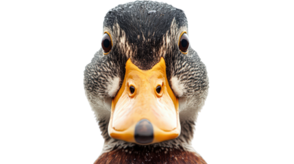 Detailed duck face with sharp eye contact, symmetrical headshot Transparent background, PNG