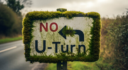 Overgrown Sign Depicting No U Turn On Rural Road Showing Nature Encroaching