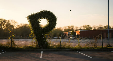 Overgrown Symbol In Empty Carpark At Sunset Nature Takes Over Again