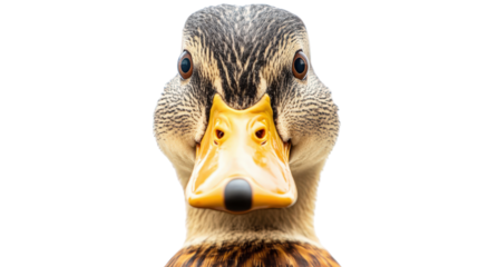 Detailed duck face with sharp eye contact, symmetrical headshot Transparent background, PNG