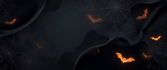 Halloween background with dark cave, bats, spiderwebs, and spooky ambiance. Suitable for Halloween party invitations, social media posts, or website banners.