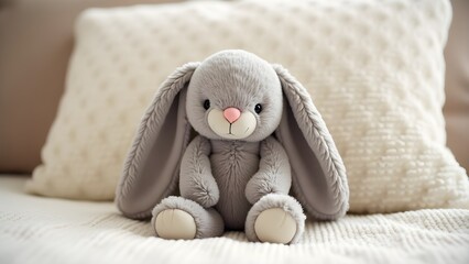 A soft bunny plush toy with long floppy ears and a pink nose sitting. Behind it, a white cushion adds a cozy, neutral backdrop. The lighting is soft and warm, evoking a calm, homey atmosphere.
