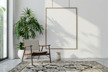 Modern Minimalist Interior with Plant and Chair Blank Frame for Art Display