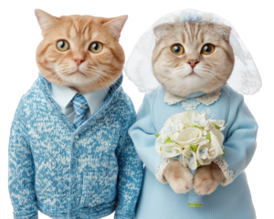 Funny couple cat in wedding costume orange tabby and gray cat blue sweater blue dress white bouquet lace veil isolated on white adorable humorous celebration