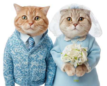 Funny couple cat in wedding costume orange tabby and gray cat blue sweater blue dress white bouquet lace veil isolated on white adorable humorous celebration