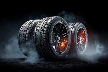 Smoking Hot Car Tires and Alloy Wheels, Dramatic Dark Background