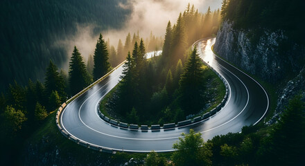 Winding Mountain Road Surrounded By Lush Green Forest At Sunrise