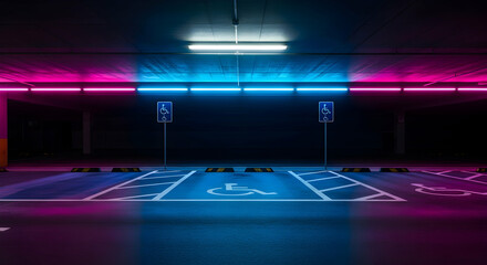 Handicap Parking Spot In A Garage With Neon Blue And Pink Lighting