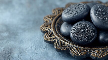 Ornate Dish of Dark Stones: A Serene Still Life